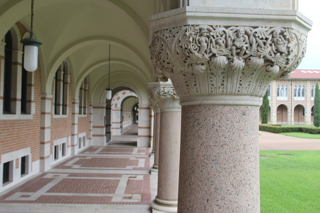 Iconography on column capitals of Lovett Hall by Oswald Lassig.