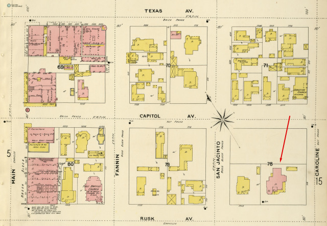 1896 Sanborn fire insurance map with original location of Waldo Mansion. Courtesy: Dolph Briscoe Center for American History, University of Texas at Austin.