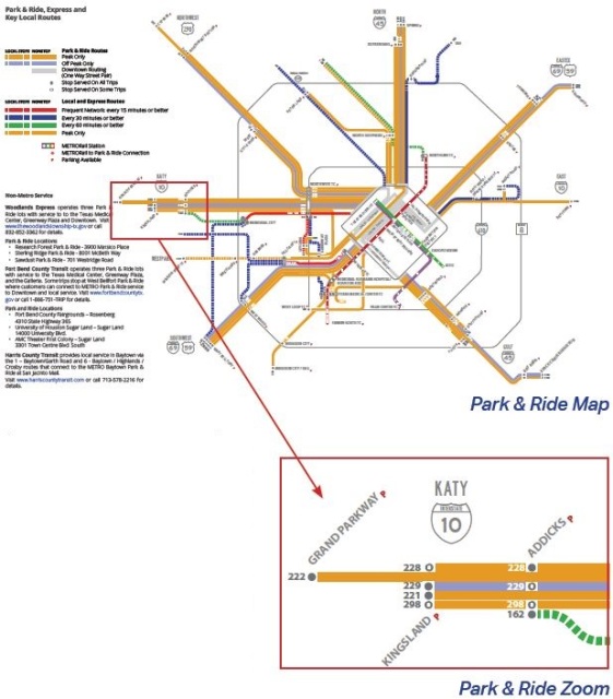Park & Ride, Express, and Key Local Routes map. Houston METRO.