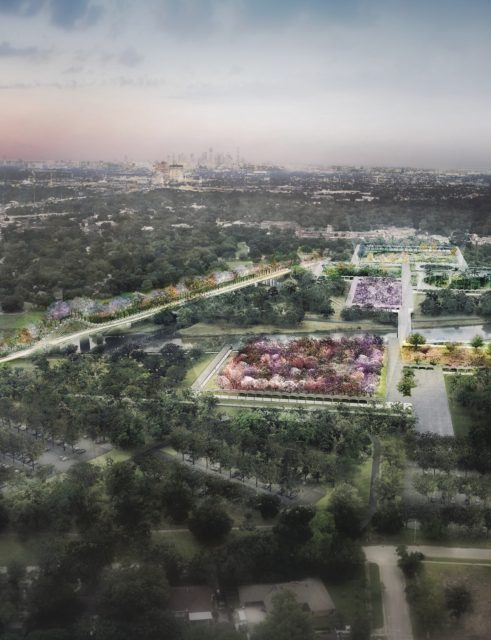 Bird's eye rendering of Houston Botanic Garden at Glenbrook site. From master plan.